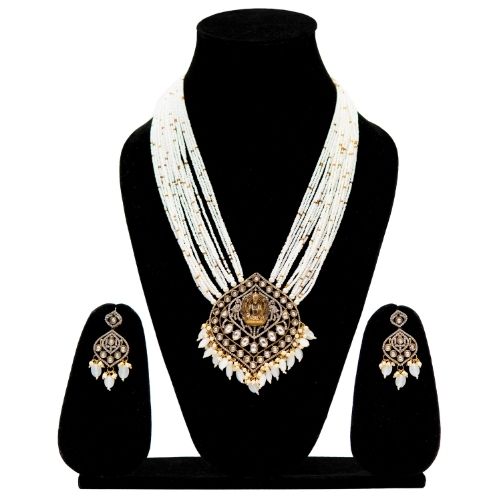White Multi-Strand Temple Jewellery Set with Goddess Pendant